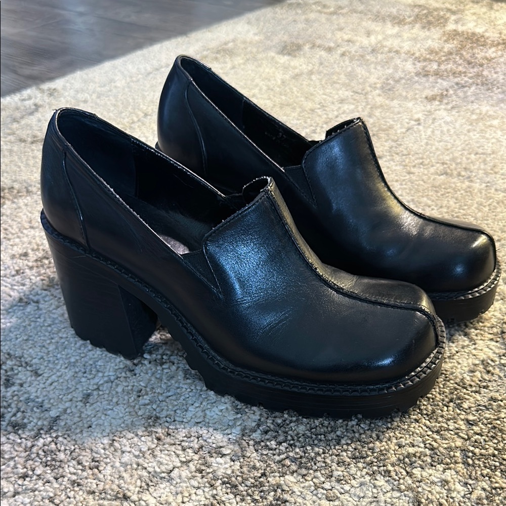 Women's Black Leather Platform Shoes